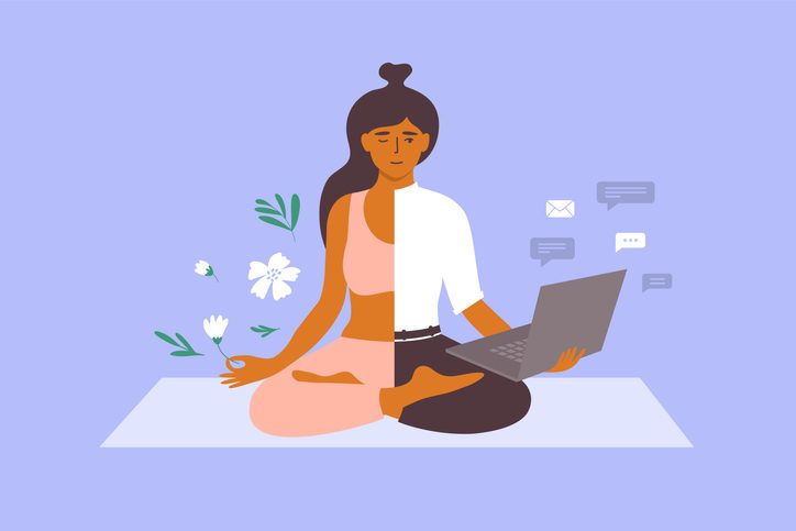 Finding a happy compromise between work and life 2 Business woman meditating on yoga mat holds laptop and flower in hand.