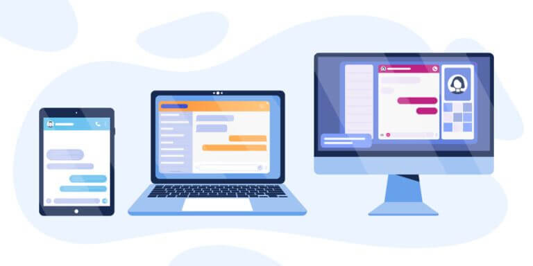 Chat bot dialog windows on computer, tablet and laptop screen. 