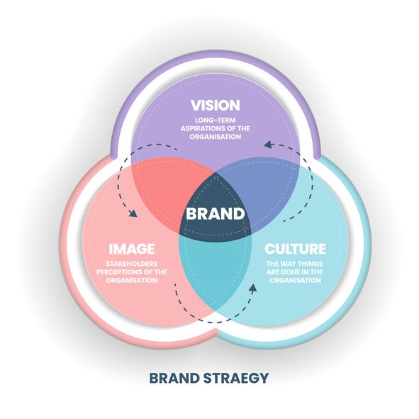 The vector illustration of the brand strategy venn diagram has vison, image and culture is key to helping to compete successfully. Brand culture and business strategy concept.Infographic presentation.