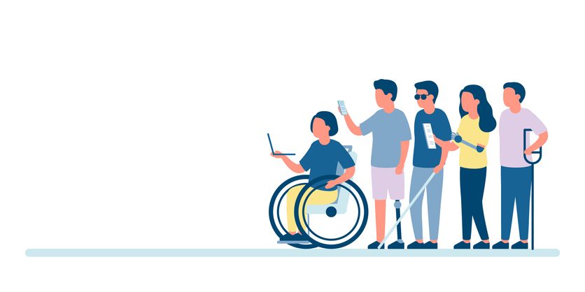 Disabled group people on wheelchair and other handicap. Disability and inclusion, employment on work. Team diverse person. Team seek opportunity, want to work. Vector illustration