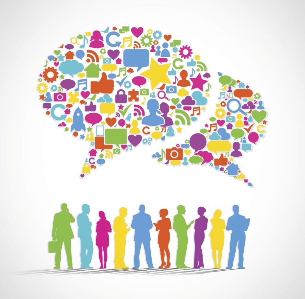 graphical icon speech bubble cloud over silhouetted business people