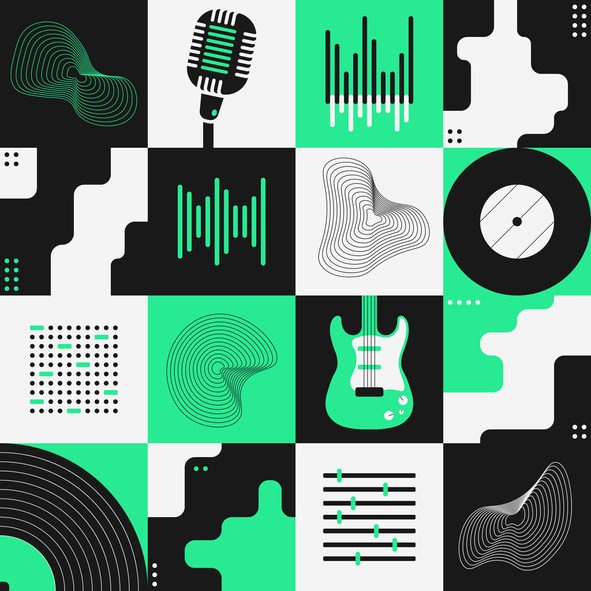 Abstract art composition with various geometric shapes, objects and musical instruments.