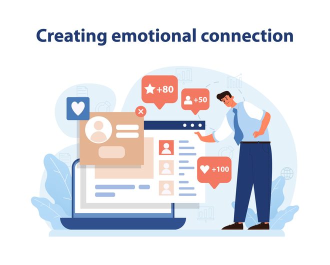 7 ways to transform your marketing with an AI-driven social media strategy for SaaS 3 Emotional Connection in Branding. A compelling illustration showing how brands foster strong relationships with customers through digital engagement. Flat vector illustration.