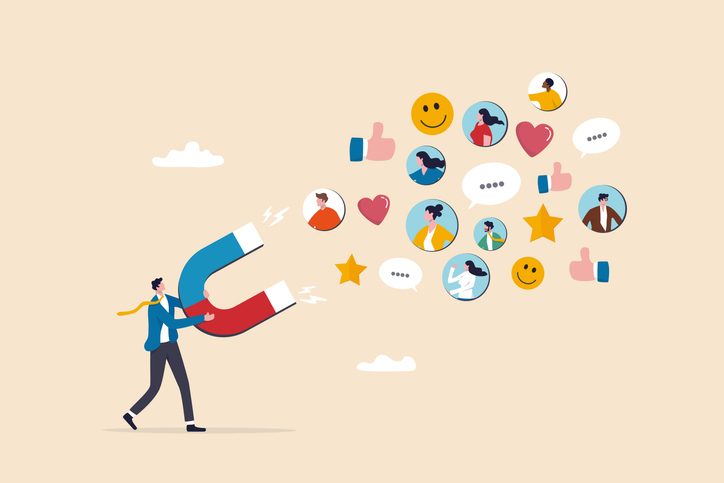 Brand experience in UX: 5 habits that build user trust 5 businessman magnet draw customers with brand engagement impression symbol