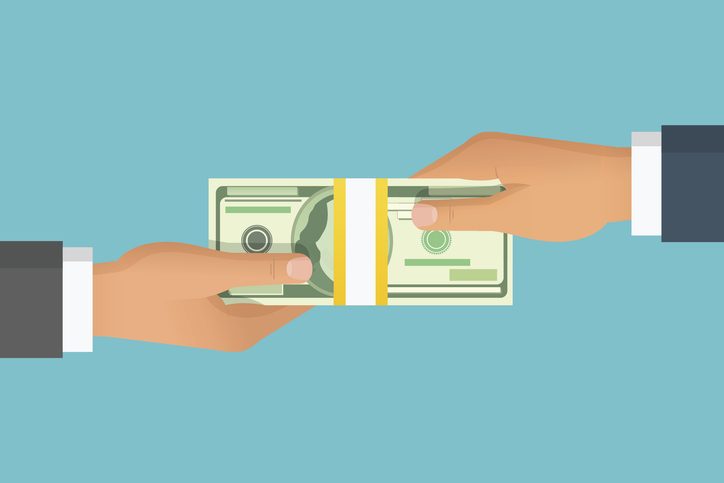 Winning B2B conversions with a friction-free user flow 1 Human hand giving money to other hand. Holding banknotes. Isolated on blue background. Vector illustration