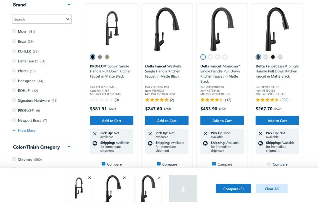 Winning B2B conversions with a friction-free user flow 3 screenshot of ferguson compare feature for B2B conversions article