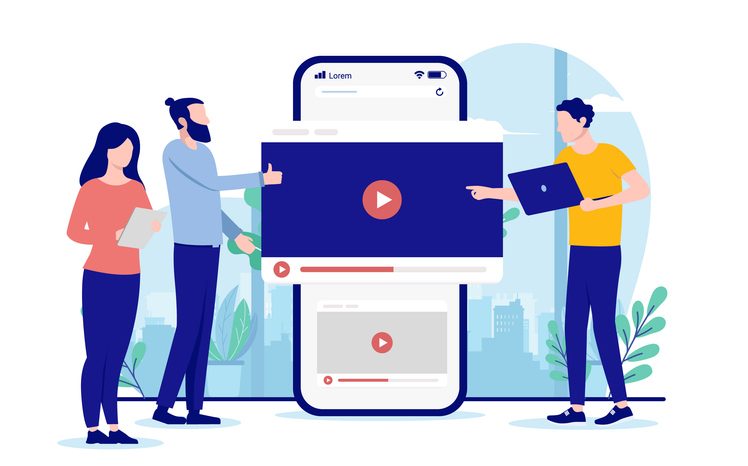 Why content strategy is a core part of UX design 1 Casual businesspeople working with viral content, smartphone in background with movie player. Flat design vector illustration on white background