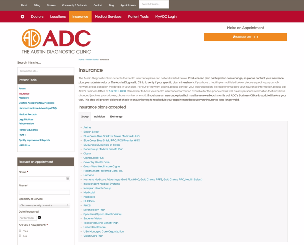 7 ways to transform your healthcare website redesign 3 screenshot of ADC Insurance page