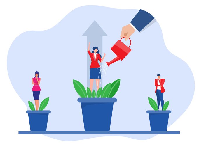 Vector illustration concept of leader hand watering employees to foster growth for article on increasing team impact without micromanaging