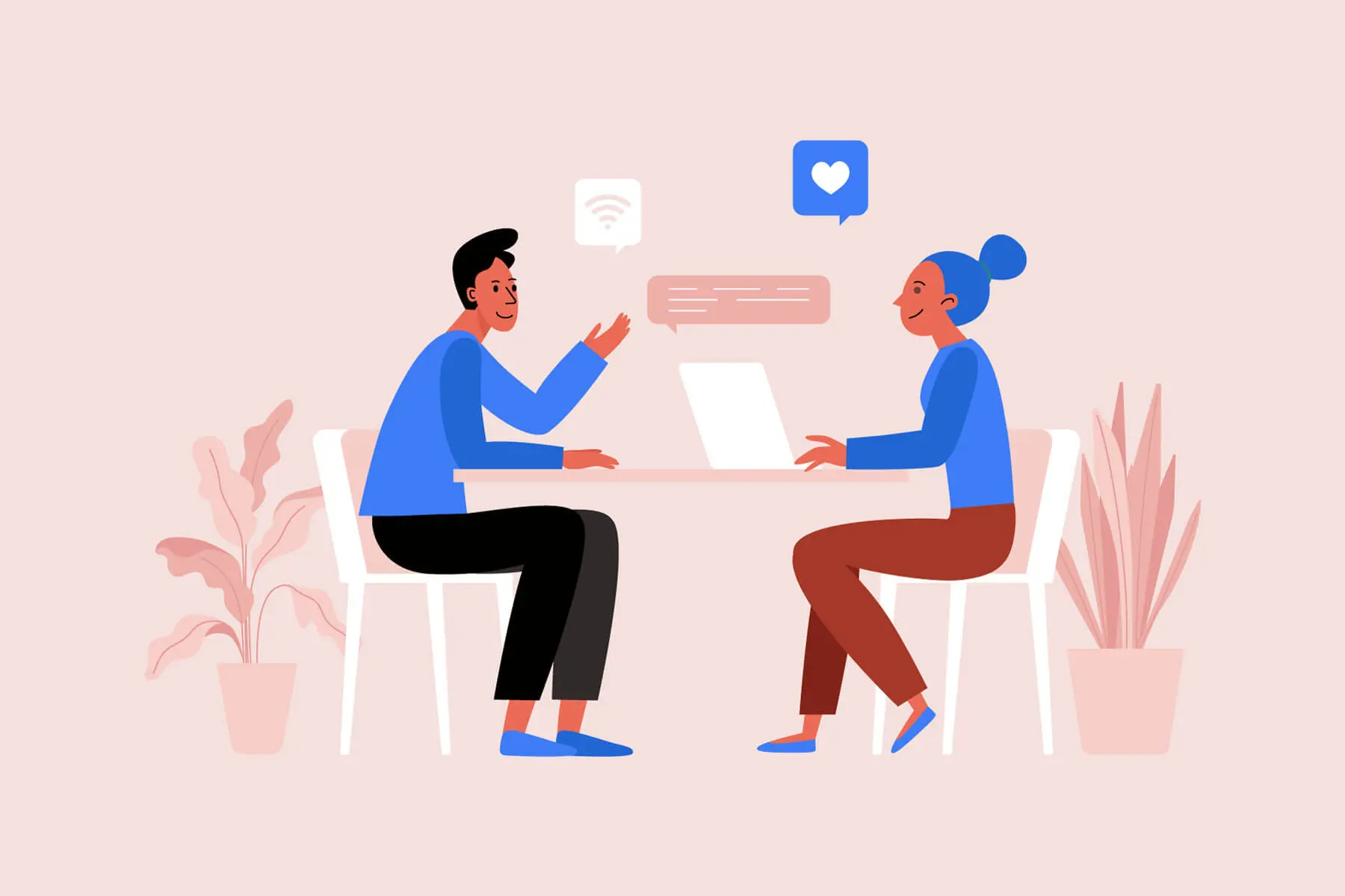 illustration of two people sitting at a table for ideal client traits article