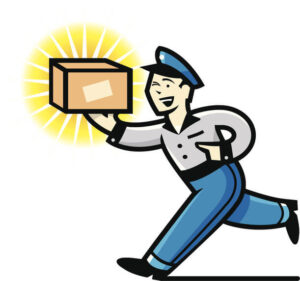 A retro-looking delivery man enthusiastically carries a package to its destination