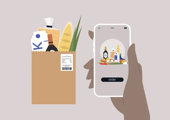 7 SaaS UX best practices to boost product site conversions 1 Online food delivery service, a hand holding a mobile phone, a grocery bag with organic vegetables, bread, and dairy products for SaaS UX best practices article