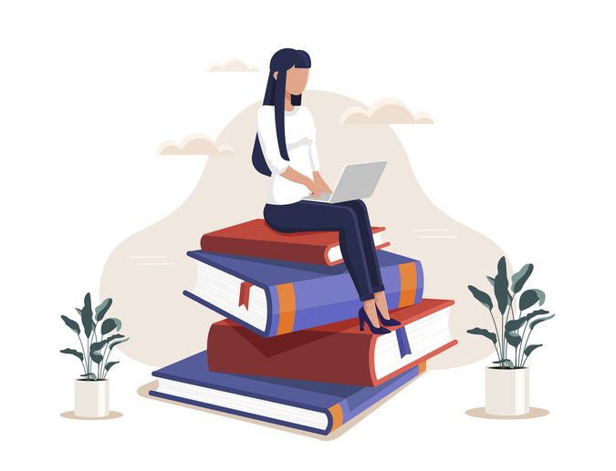Entrepreneurship lessons for product leaders: What I learned the hard way 4 Girl with laptop sits on stack of books. Cartoon flat vector illustration
