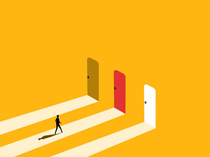 How to choose the right UX design partner for product teams 2 Vector image of person in front of three doors as concept for choosing a ux partner for product teams