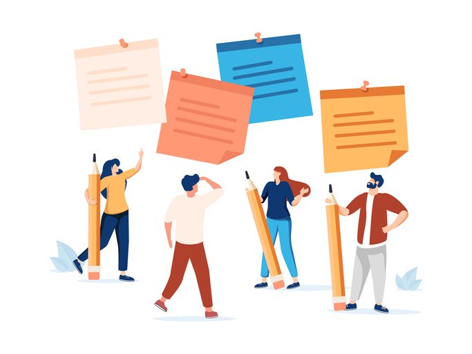 Rethinking the conversational AI design process: Start analog to end human 3 Business brainstorming, meeting to set target and get solution to solve problem or scrum agile method concept, businessman and woman coworkers, colleagues holding pencil with sticky notes on the wall.