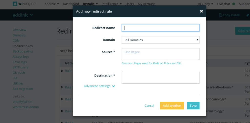 screenshot of modal for adding new redirects rules