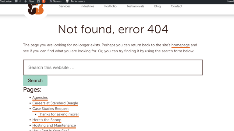 screenshot of 404 error page