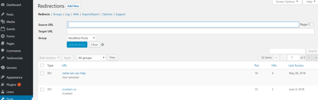 redirections plugin homw screen