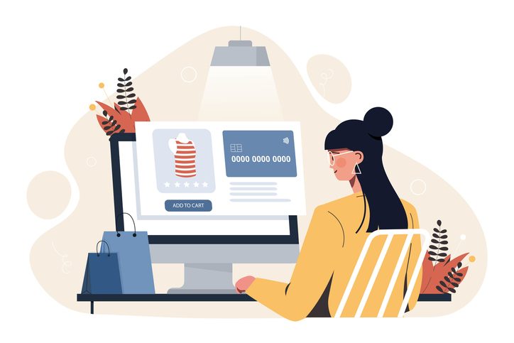 Woman at computer chooses goods, pays for purchases in store. Cartoon flat vector illustration for article on best AI-powered ecommerce platforms