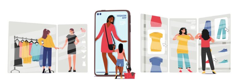 Women Shopping For Clothes Use New Innovative Technologies Augmented Reality App On Smartphone Screen. Female Characters in Virtual Fitting Room On Digital Display. Cartoon People Vector Illustration