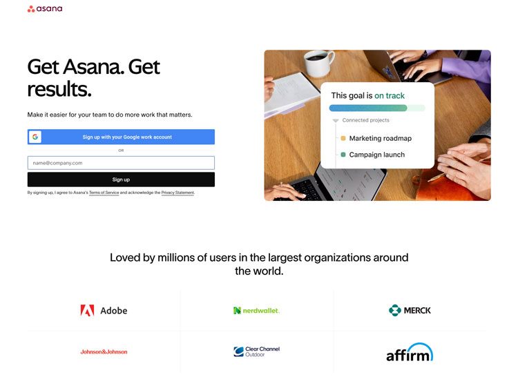 5 fixes to optimize SaaS product landing pages 2 screenshot of Asana product landing page
