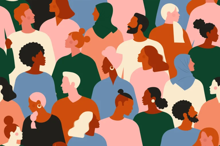 Diverse group of stylish people standing together. Flat cartoon vector illustration.