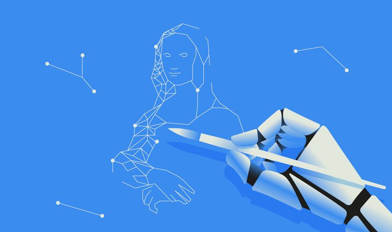 Illustration of Robotic hand drawing Mona Lisa for Emerging AI trends for SaaS article
