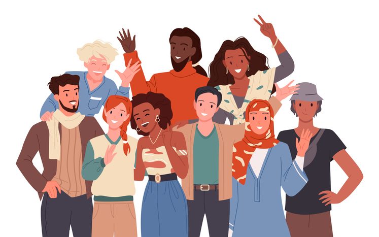 How product leaders can master team stress management in UX 8 Group of multinational friends, young diverse people in cartoon vector illustration to illustrate team stress management for product leaders