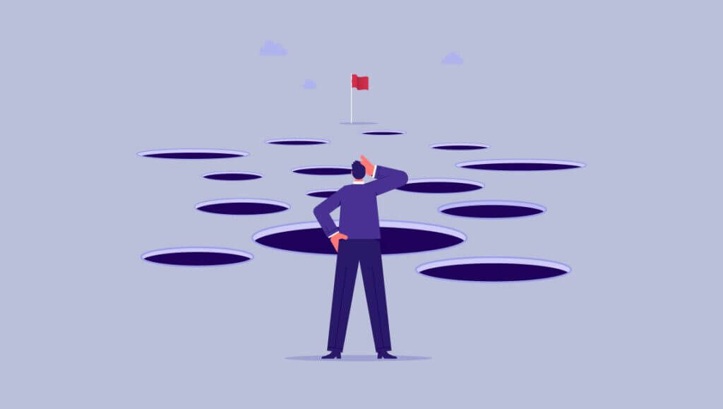 The ultimate 7-step user testing guide for product leaders 1 illustration of a person facing a lot of holes between him and a red flag for user testing guide for product leaders article