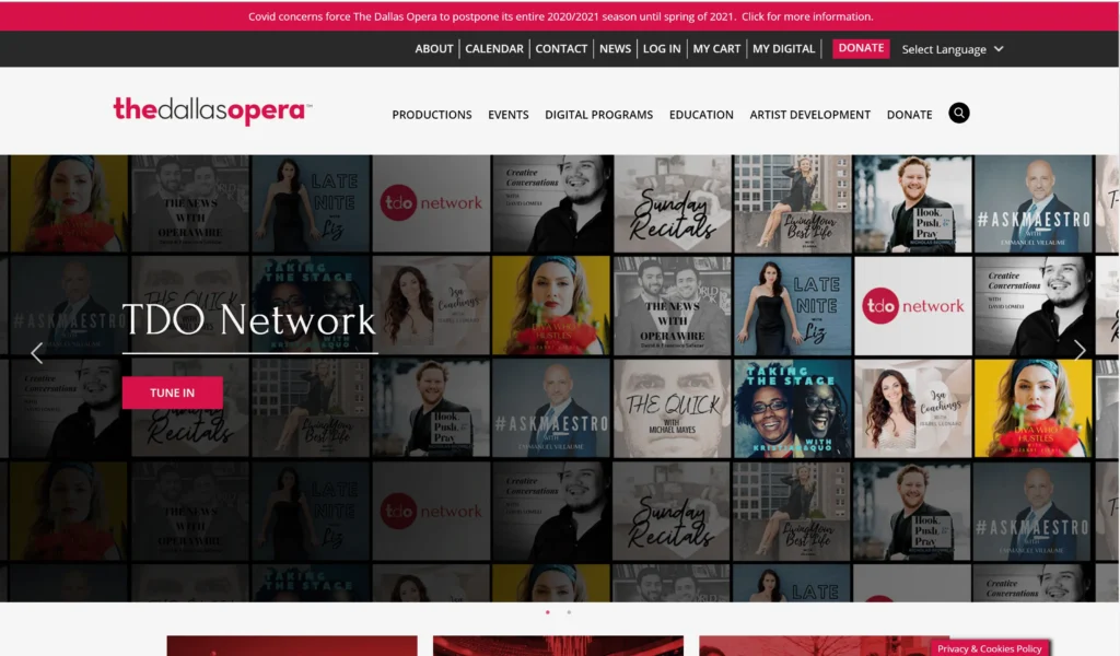 Arts website navigation redesign: Improving UX through data-driven insights 12 Dallas Opera home page hero screenshot