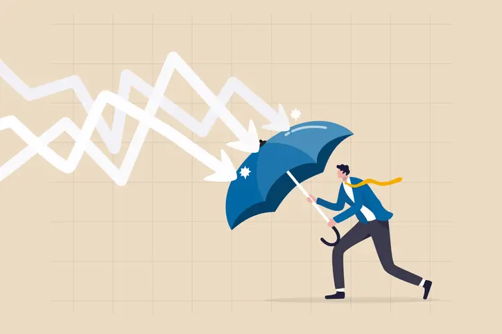 Vector image of man with umbrella blocking arrows as part of concept for UX strategy in economic uncertainty