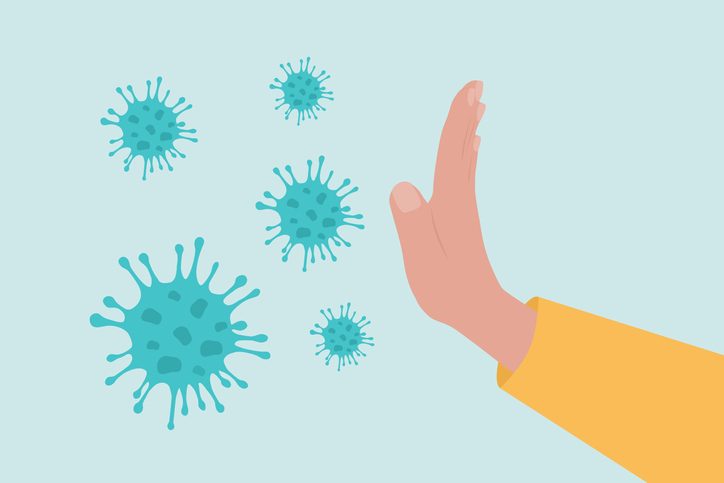 On going remote 10 Stop Coronavirus. Side View Of Human Hand Gesturing Stop To Coronavirus Cells.