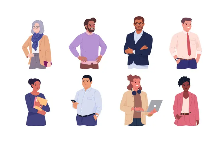 Close-up vector cartoon illustration of people of different ages and ethnicities in office outfits. Isolated on white background for article about the difference between product management personas and marketing personas