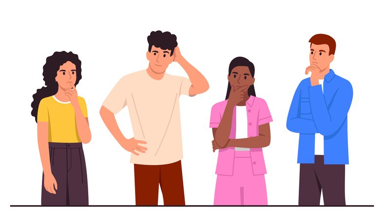 Cartoon scene of thoughtful boys and girls, light and dark-skinned, stylishly dressed, touching chins and heads isolated on a white background for using design thinking article
