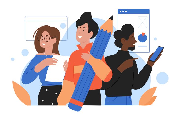 How to implement UX research in product teams 1 Cartoon team of office worker characters standing together, woman man holding big pencil, mobile phone and paper documents for work isolated on white for how to implement ux research in product teams