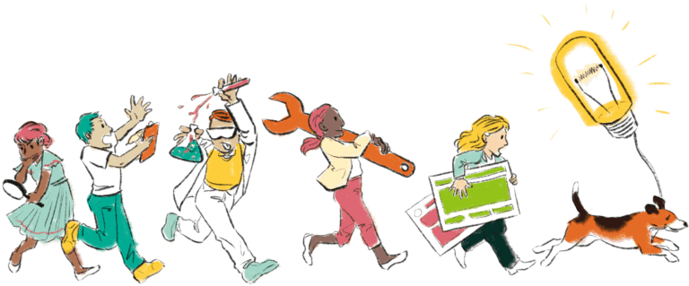 Illustration of characters marching behind dog with light bulb