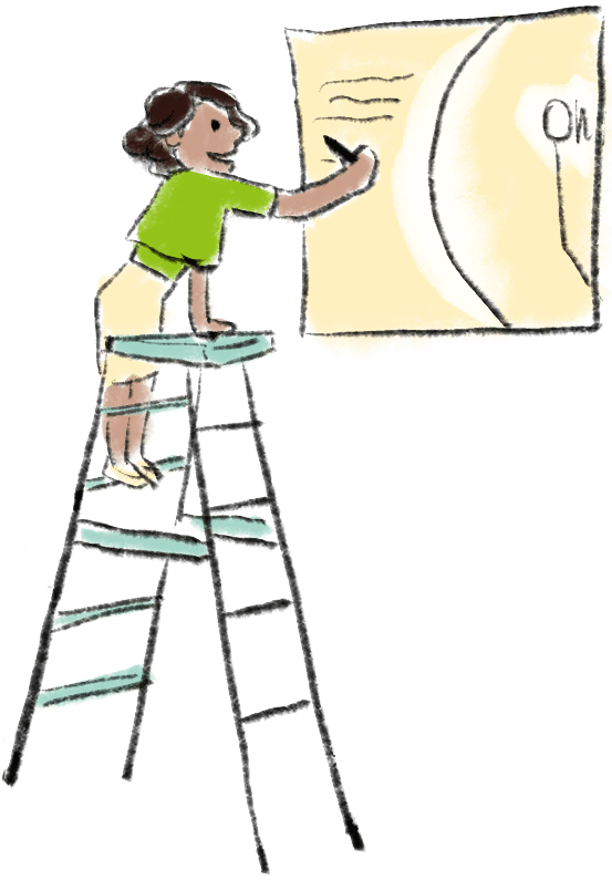 illustration shows character on ladder writing on post-it