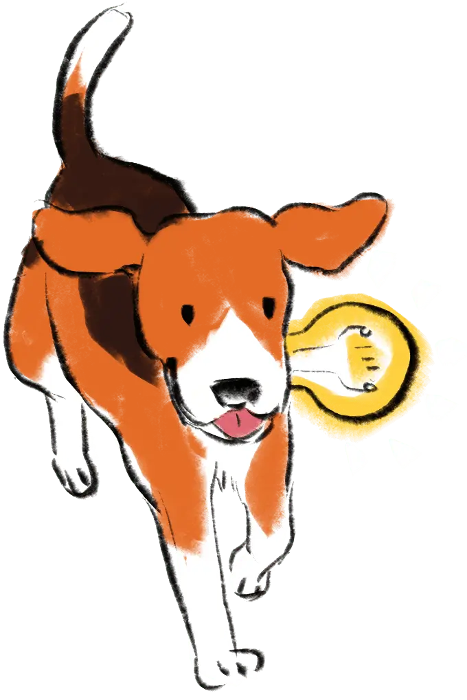 Health Tech UX 6 illustration: dog running w/ light bulb in mouth