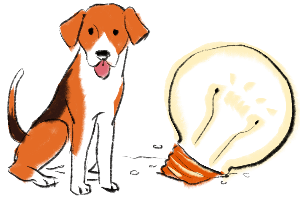 AI UX services: Design & development 19 illustration shows standard beagle sitting next to light bulb