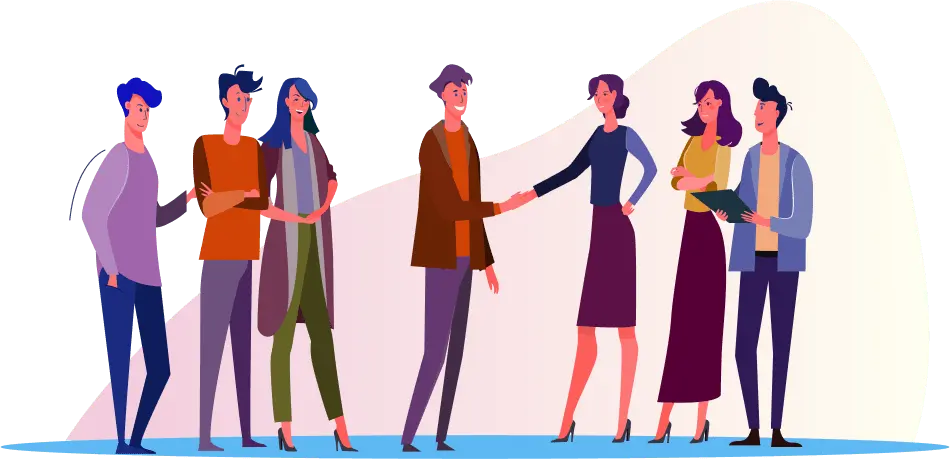 illustration shows characters greeting each other