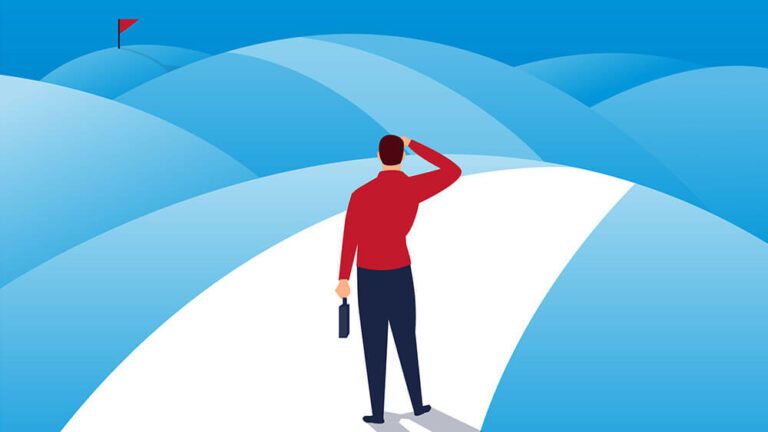 4 ways to reach business goals with UX 5 graphic for concept that ux helps you achieve business goals shows man looking at flag on horizon