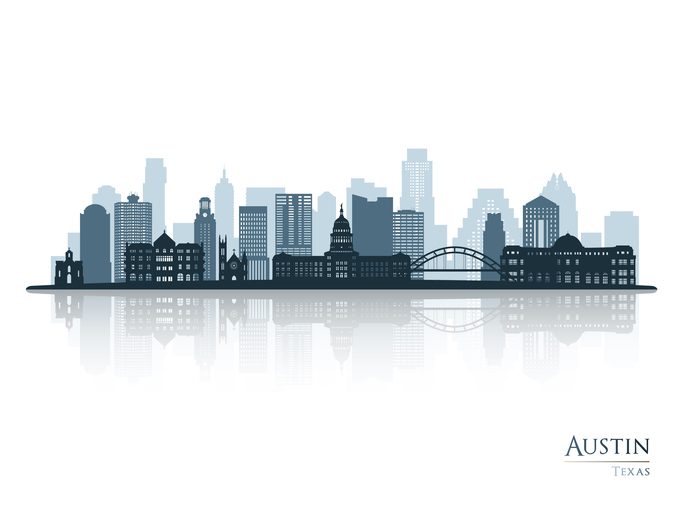 Austin skyline silhouette with reflection as concept for Austin UX design talent