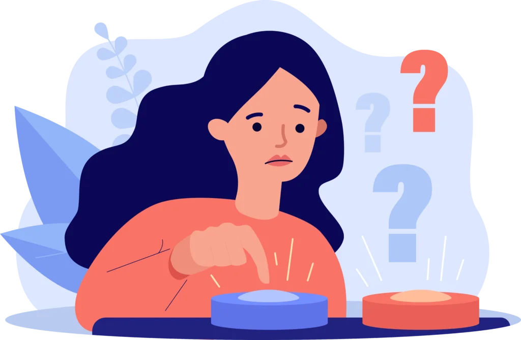 woman choosing between two different buttons in A/B testing