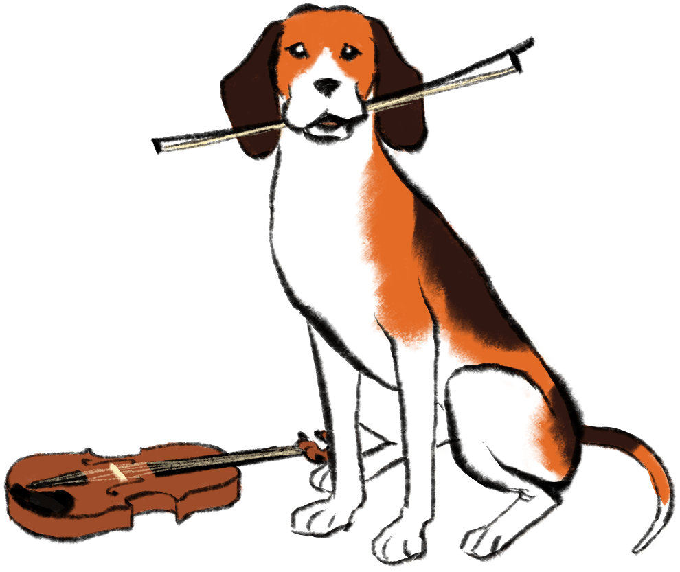 illustration show seated dog with violin nearby and bow in mouth