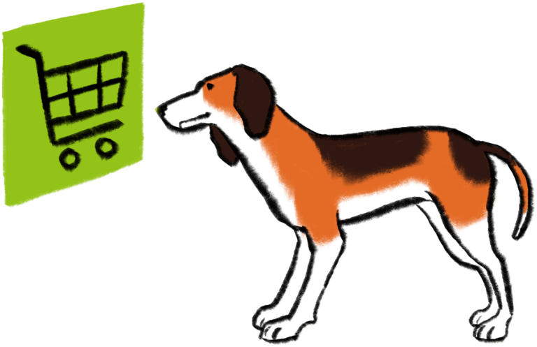 illustration shows Standard Beagle looking at ecommerce symbol
