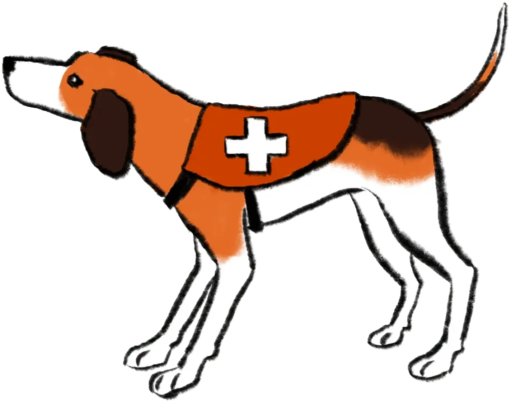 Health Tech UX 4 illustration shows dog with medical vest for health tech UX page