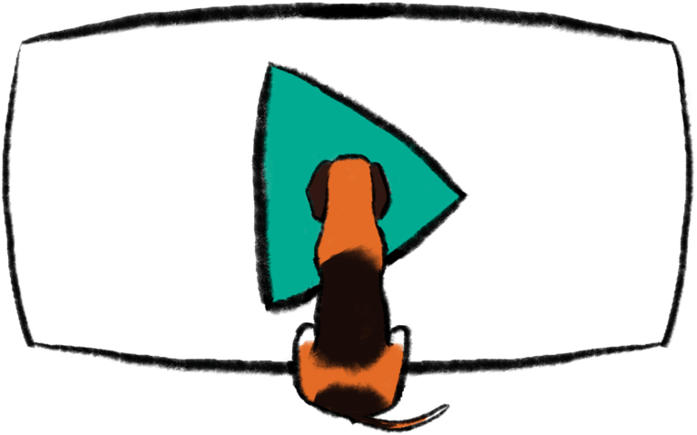 illustration shows dog seated in front of video icon for UX design videos