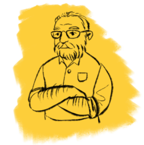 illustration shows older man with yellow background