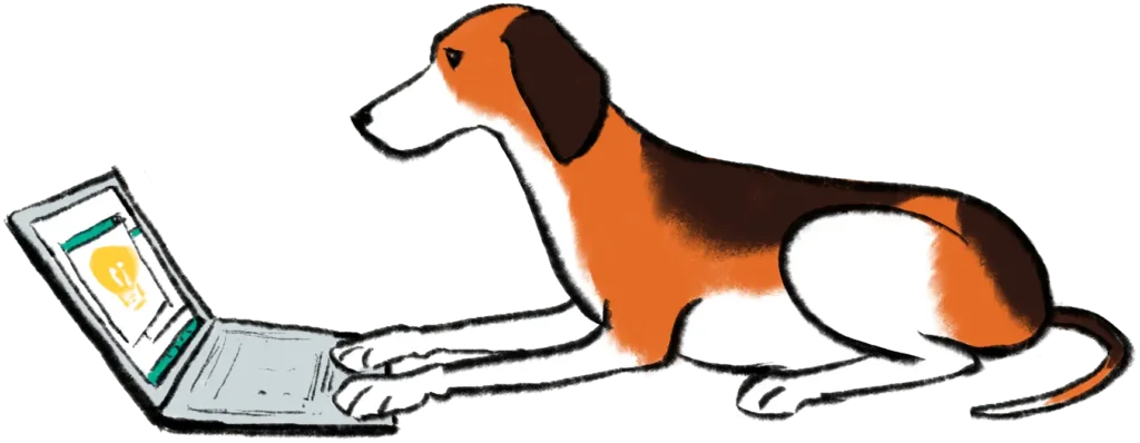 illustration shows dog laying at computer