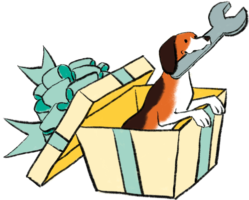 When agents are the users: Rethinking interfaces beyond screens 3 illustration shows standard beagle popping out of a gift box with a wrench in mouth